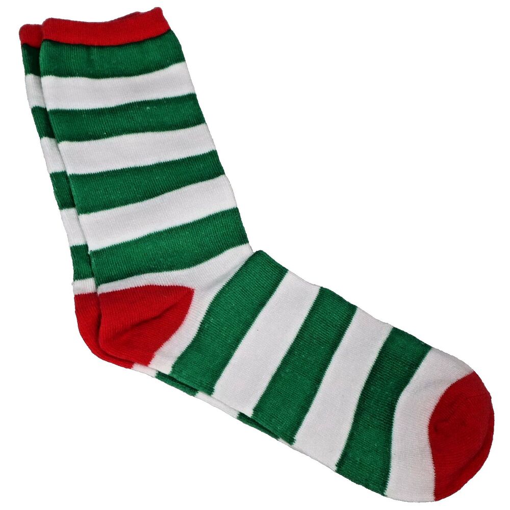 Striped Crew Socks Green White w Red Toe/heel Size 5-10 Holiday Costume